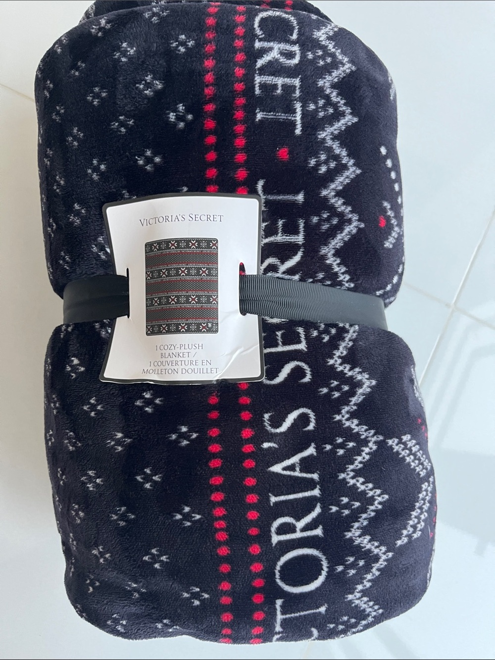 Victoria's Secret Black Plush Blanket with Red and White Nordic Accents